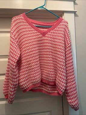 Pink and White V-Neck Knit Sweater